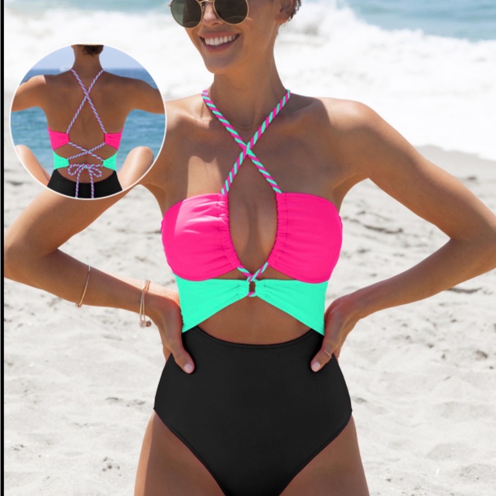 Colorblock Cutout One-Piece Swimsuit - Hot Pink/Teal/Black NWOT